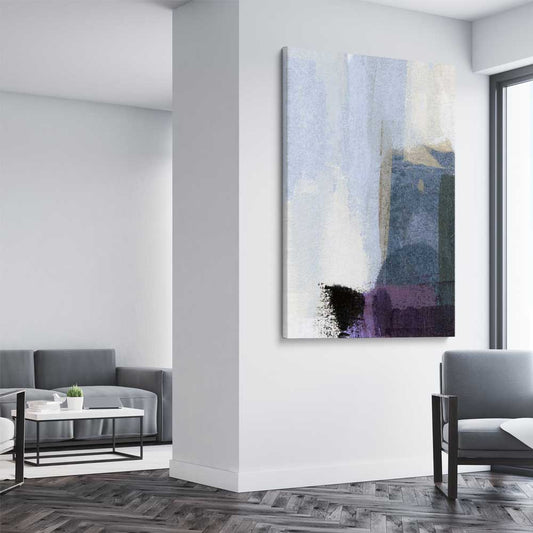 Soft Blue Three stretched canvas displayed from an angle in a room - part of our high quality canvas abstract wall art collection