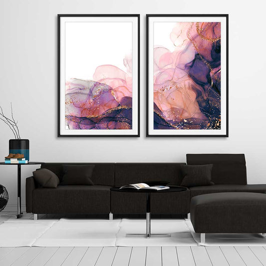 Violet Haze Pair stretched canvas displayed from an angle in a room - part of our high quality canvas abstract wall art collection