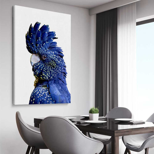 Animal wall art and canvas prints of Black Cockatoo One on a stretched canvas displayed from an angle in a room