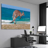 Animal wall art and canvas prints of Coastal Kangaroo Leap on a stretched canvas displayed from an angle in a room
