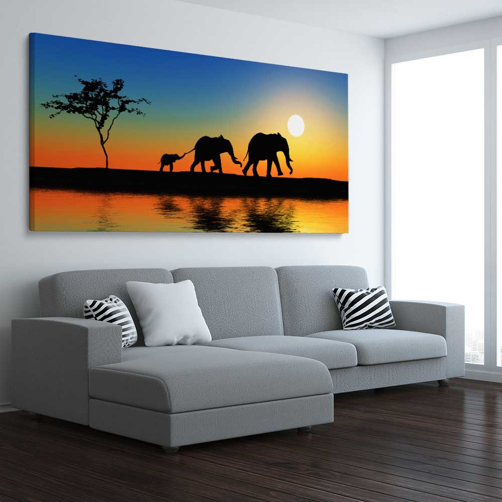 Animal wall art and canvas prints of Elephant Family on a stretched canvas displayed from an angle in a room