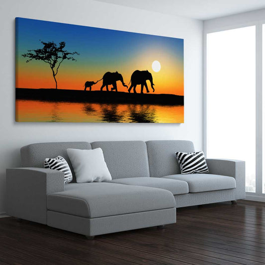 Animal wall art and canvas prints of Elephant Family on a stretched canvas displayed from an angle in a room