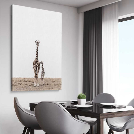 Animal wall art and canvas prints of Giraffe Affection on a stretched canvas displayed from an angle in a room