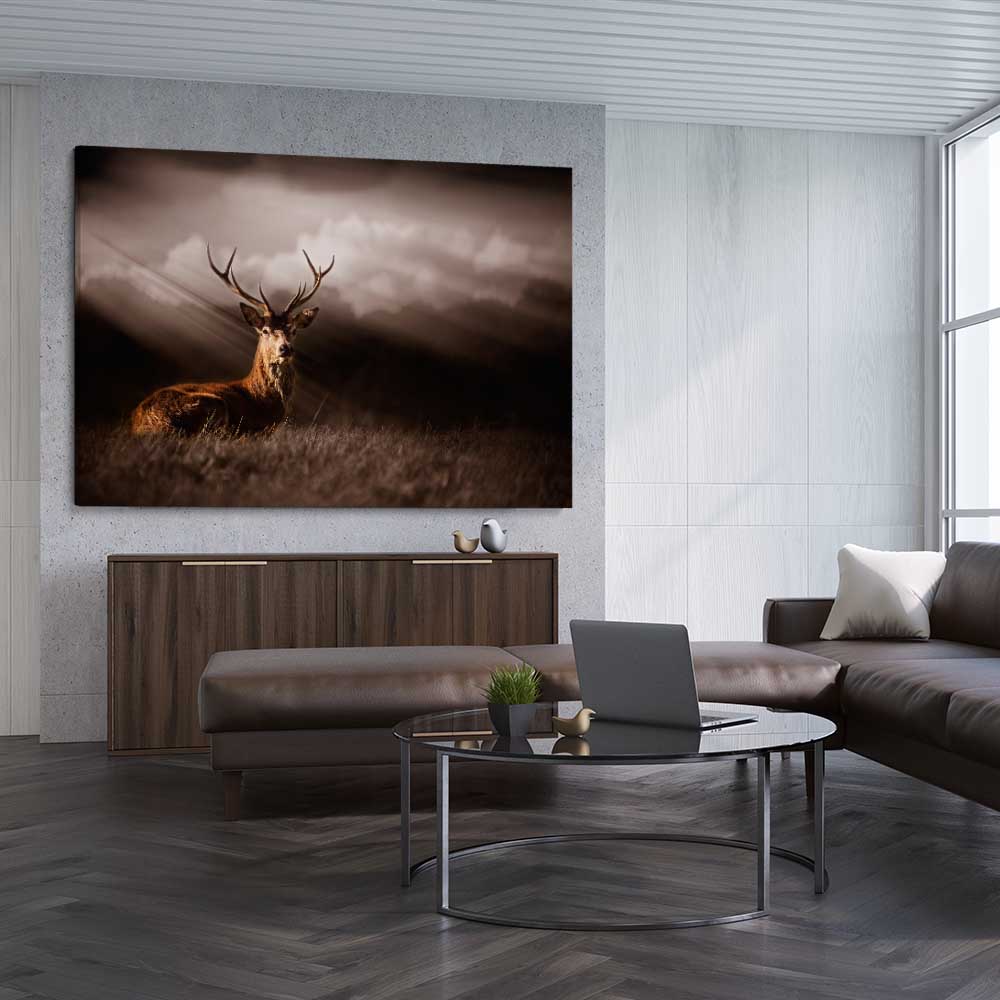 Animal wall art and canvas prints of Glowing Deer on a stretched canvas displayed from an angle in a room