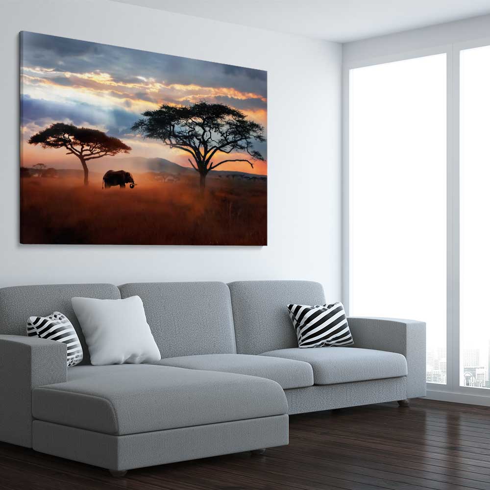 Animal wall art and canvas prints of Golden Savannah Journey on a stretched canvas displayed from an angle in a room