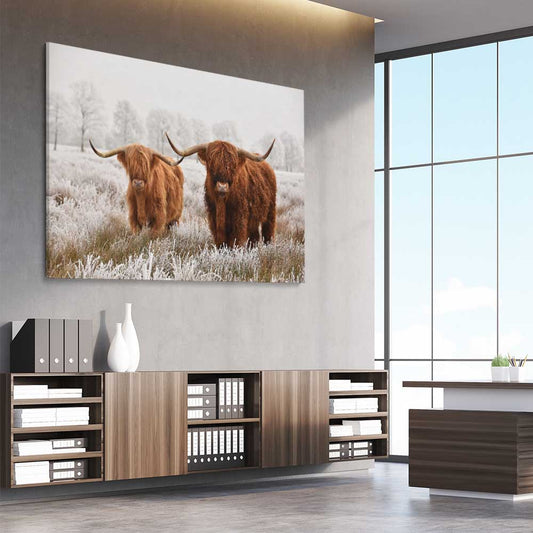 Animal wall art and canvas prints of Highland Pack on a stretched canvas displayed from an angle in a room