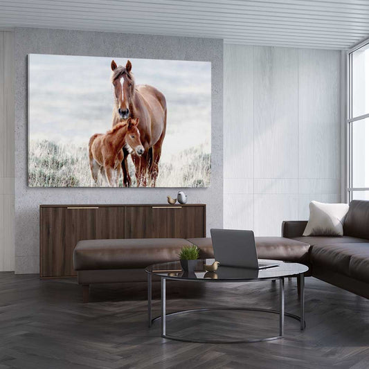 Animal wall art and canvas prints of Horse Love on a stretched canvas displayed from an angle in a room