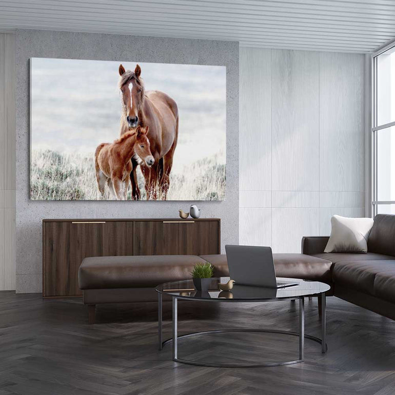 Animal wall art and canvas prints of Horse Love on a stretched canvas displayed from an angle in a room