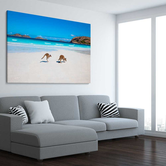 Animal wall art and canvas prints of Kangaroo Beach Couple on a stretched canvas displayed from an angle in a room