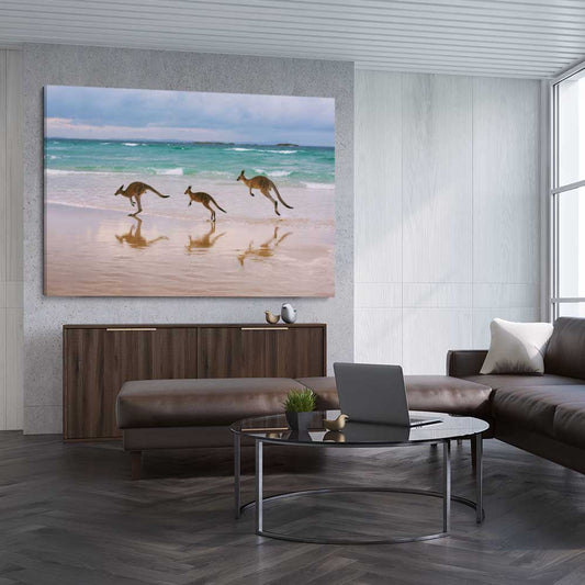 Animal wall art and canvas prints of Kangaroo Family on a stretched canvas displayed from an angle in a room