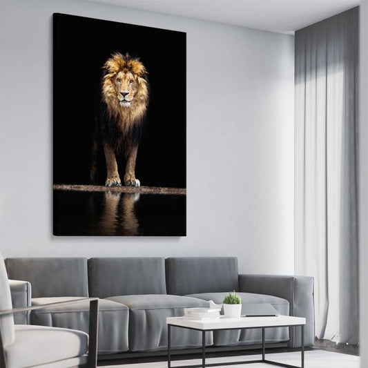Animal wall art and canvas prints of Majestic Lion Portrait on a stretched canvas displayed from an angle in a room