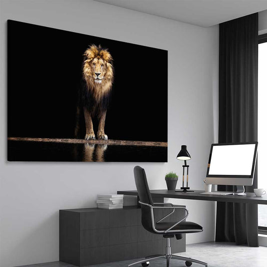 Animal wall art and canvas prints of Majestic Lion on a stretched canvas displayed from an angle in a room