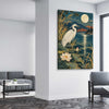 Animal wall art and canvas prints of Moonlit Heron on a stretched canvas displayed from an angle in a room