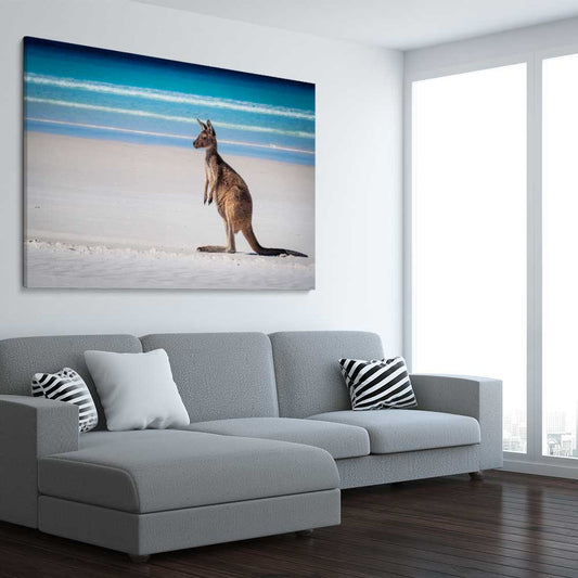 Animal wall art and canvas prints of Ocean Kangaroo Edge on a stretched canvas displayed from an angle in a room