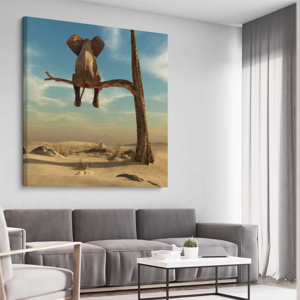 Animal wall art and canvas prints of Pondering Elephant on a stretched canvas displayed from an angle in a room