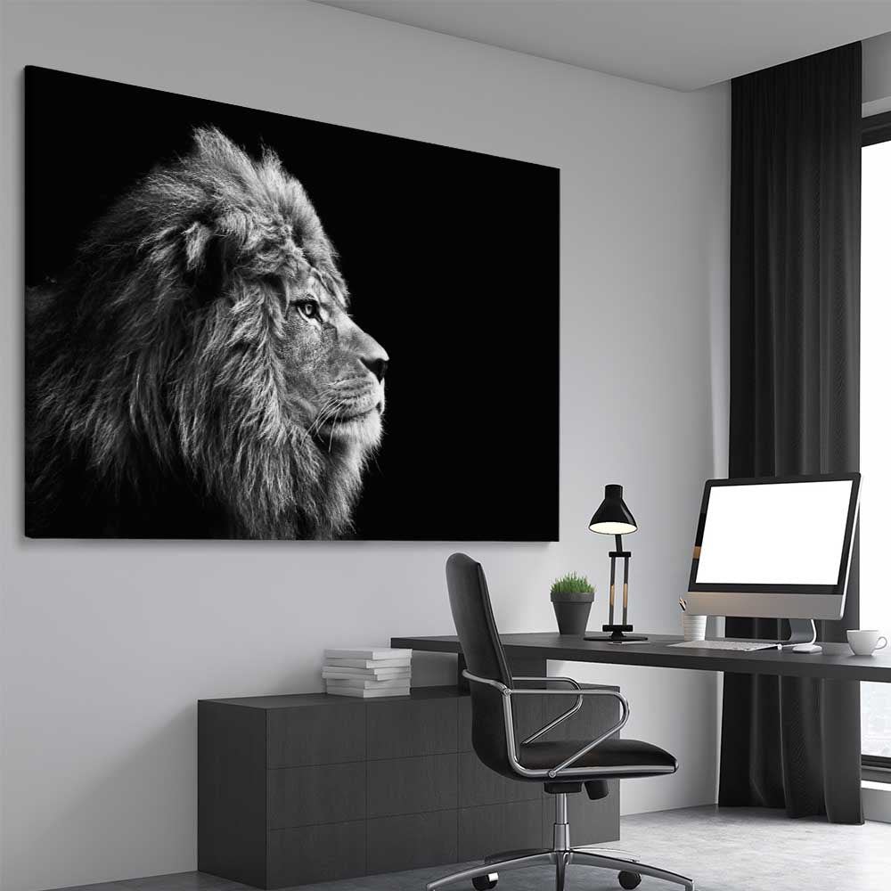 Animal wall art and canvas prints of Regal Lion Profile on a stretched canvas displayed from an angle in a room
