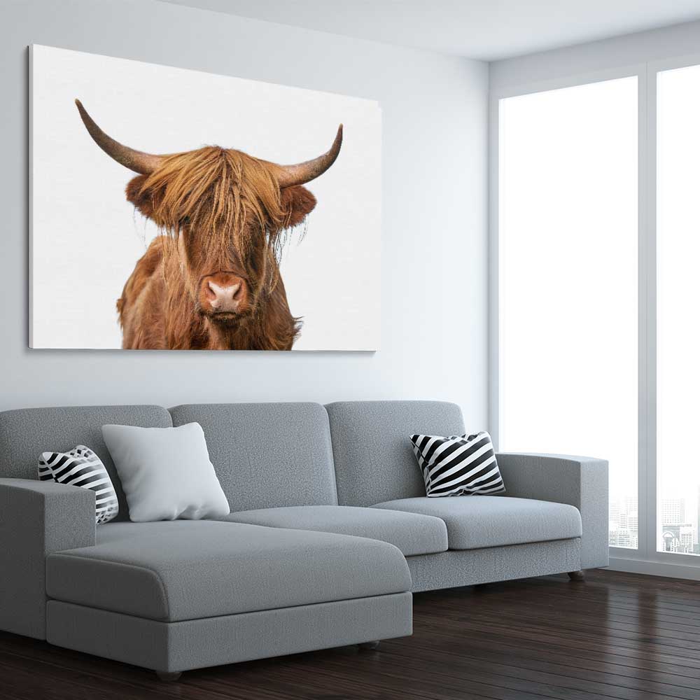 Animal wall art and canvas prints of Rustic Highland Cow on a stretched canvas displayed from an angle in a room