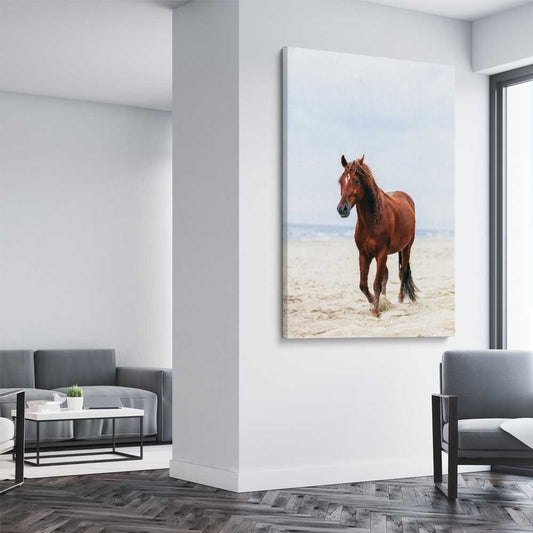 Animal wall art and canvas prints of Sea Breeze Horse on a stretched canvas displayed from an angle in a room