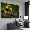 Animal wall art and canvas prints of Tropical Toucan Pair on a stretched canvas displayed from an angle in a room