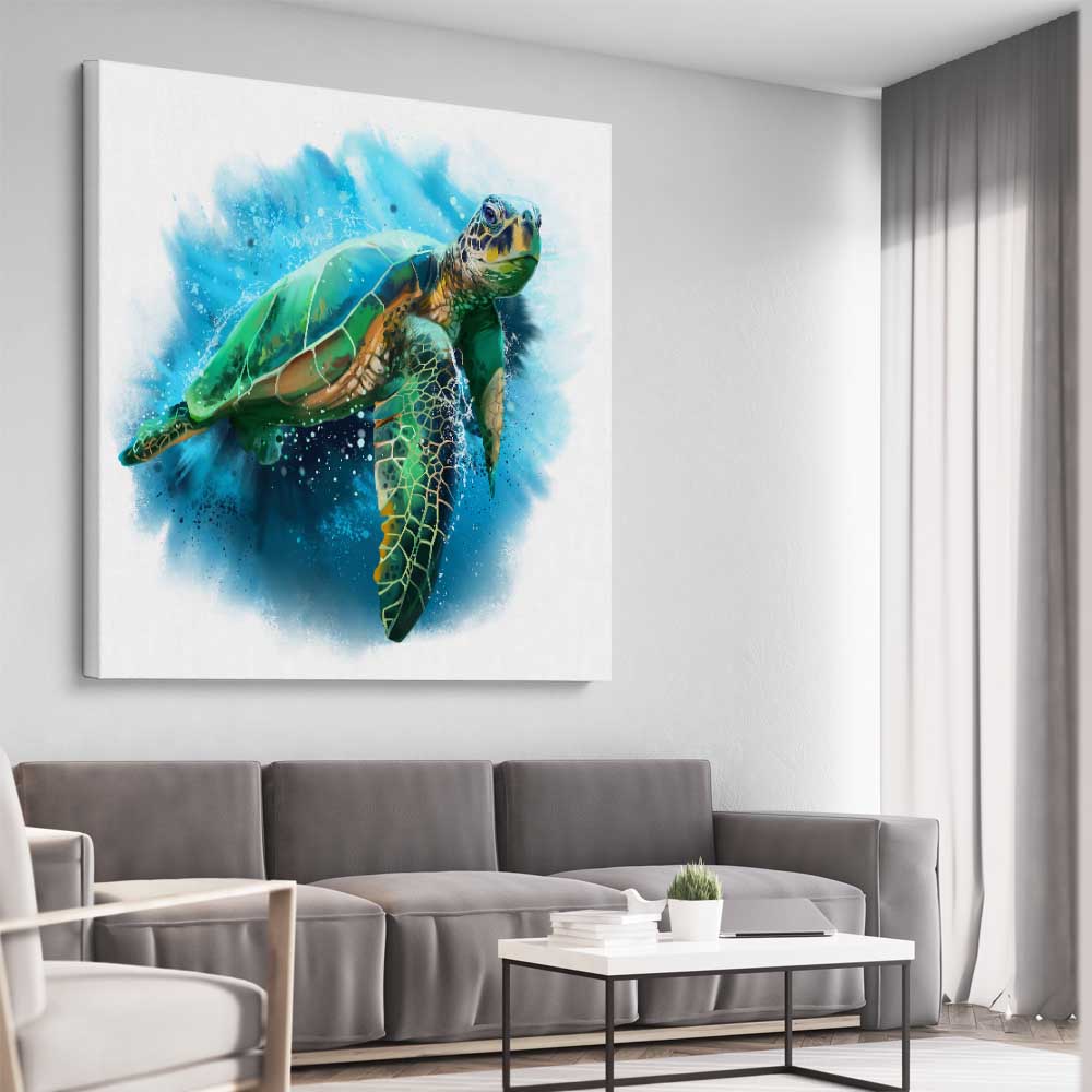 Animal wall art and canvas prints of Watercolour Sea Turtle on a stretched canvas displayed from an angle in a room