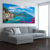 Beach and coastal wall art print of Amalfi Coast Escape on a stretched canvas displayed from an angle in a room