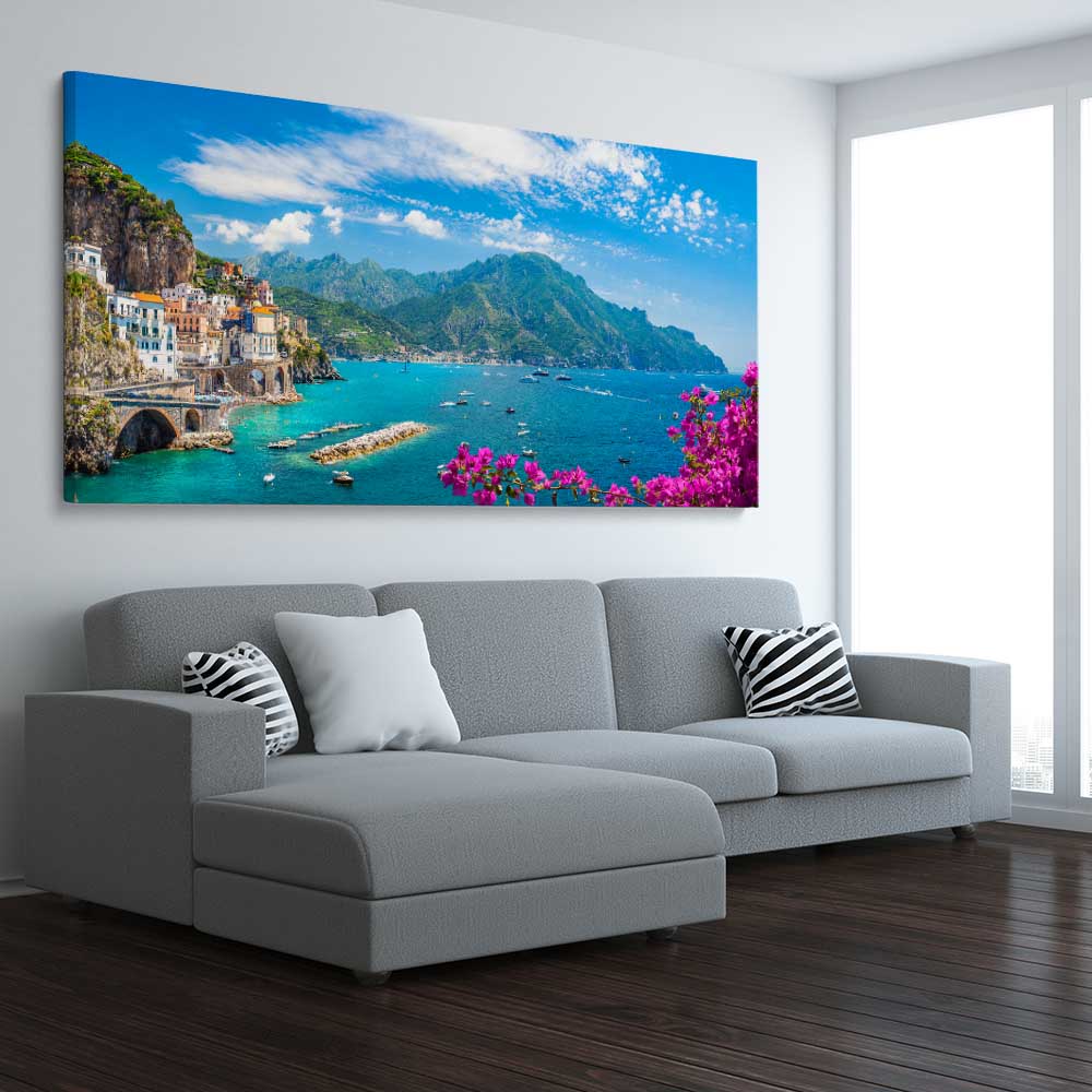Beach and coastal wall art print of Amalfi Coast Escape on a stretched canvas displayed from an angle in a room