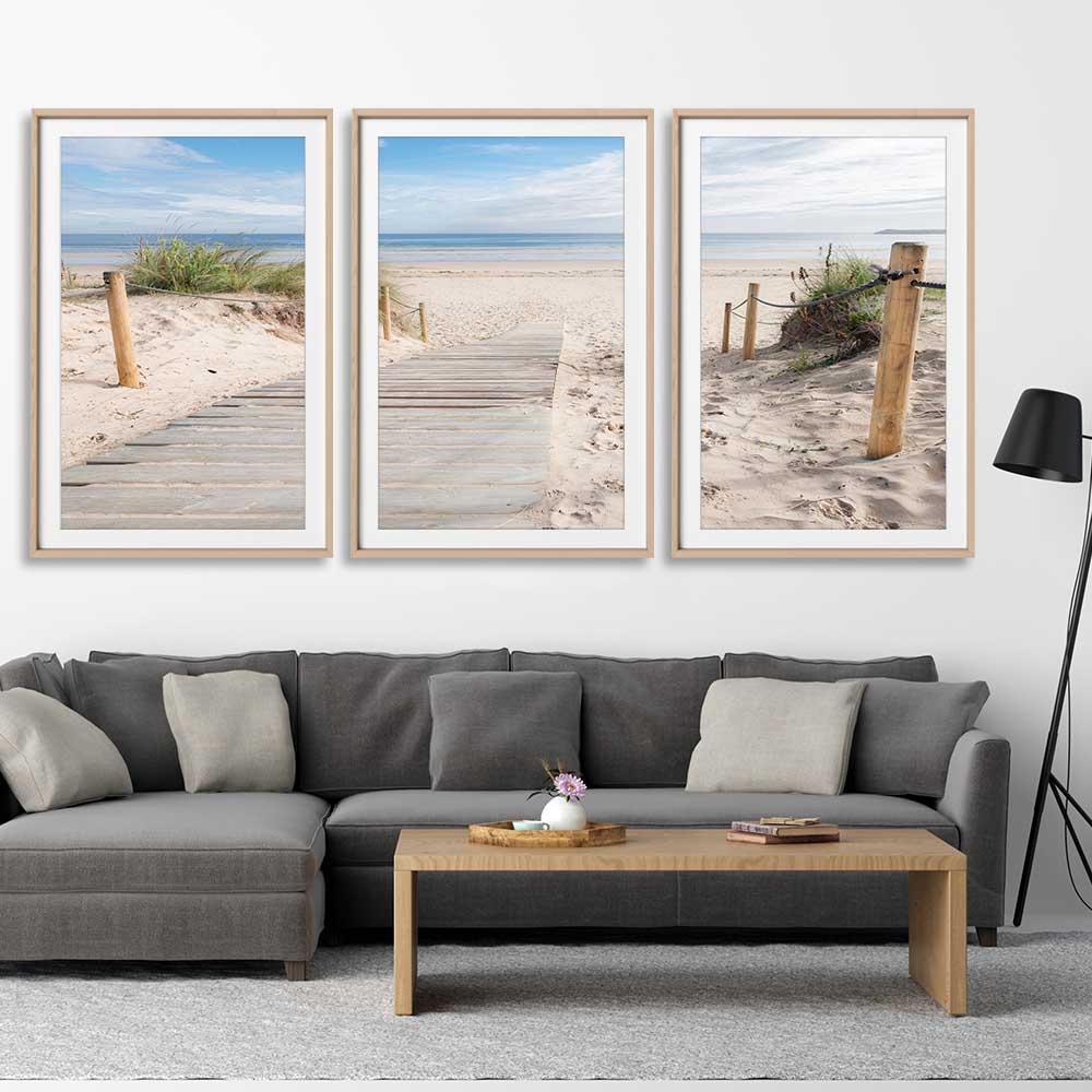 Beach and coastal wall art print of Beautiful Beach Path Set on a stretched canvas displayed from an angle in a room