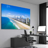 Beach and coastal wall art print of Coastal Skyline View on a stretched canvas displayed from an angle in a room