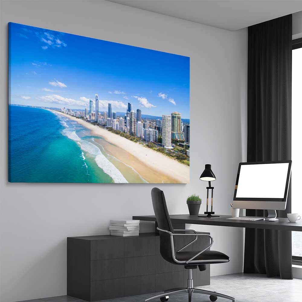 Beach and coastal wall art print of Coastal Skyline View on a stretched canvas displayed from an angle in a room