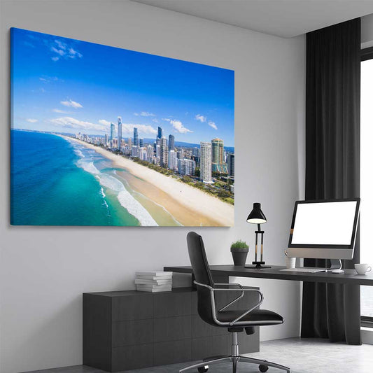 Beach and coastal wall art print of Coastal Skyline View on a stretched canvas displayed from an angle in a room