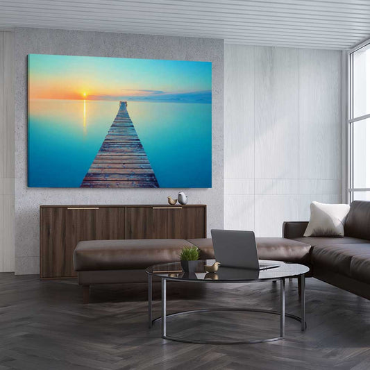 Beach and coastal wall art print of Endless Ocean Pier on a stretched canvas displayed from an angle in a room