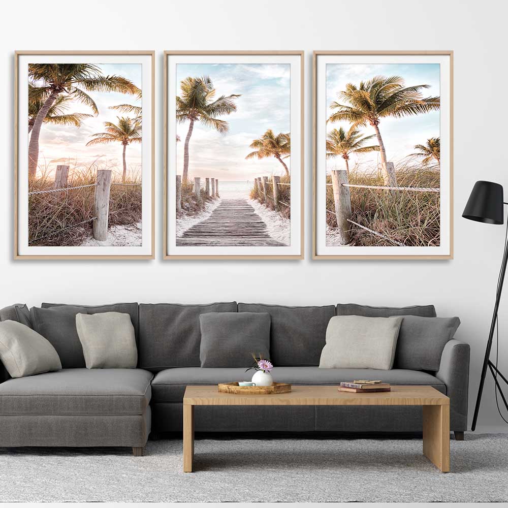 Beach and coastal wall art print of Florida Sunrise Set on a stretched canvas displayed from an angle in a room