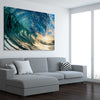 Beach and coastal wall art print of Golden Barrel Wave on a stretched canvas displayed from an angle in a room