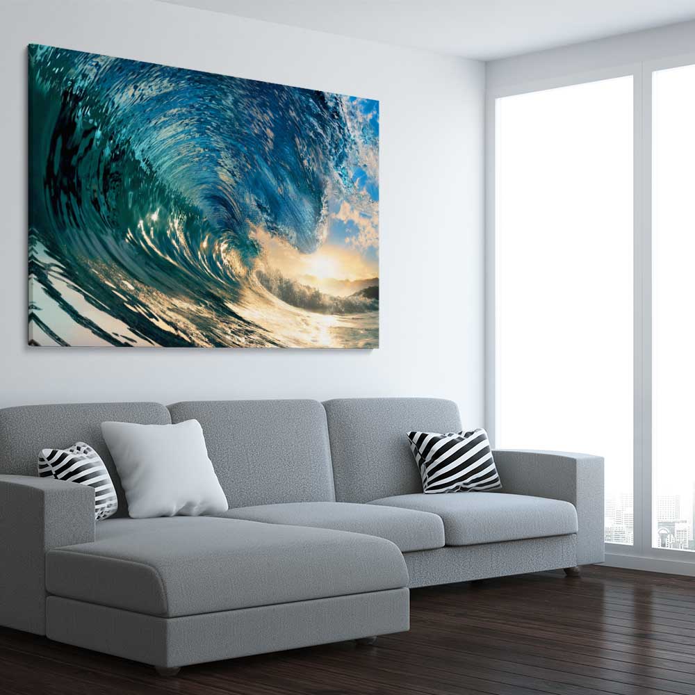 Beach and coastal wall art print of Golden Barrel Wave on a stretched canvas displayed from an angle in a room