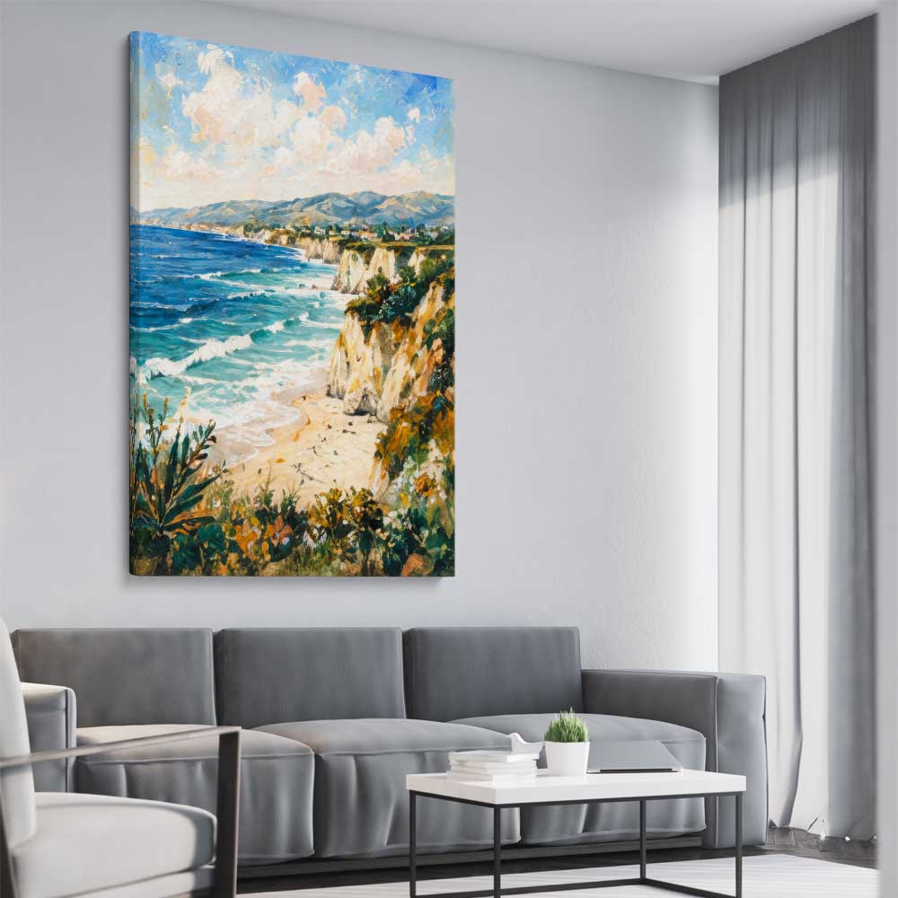Beach and coastal wall art print of Shoreline Light Strokes on a stretched canvas displayed from an angle in a room