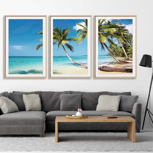 Beach and coastal wall art print of Tropical Paradise Set on a stretched canvas displayed from an angle in a room