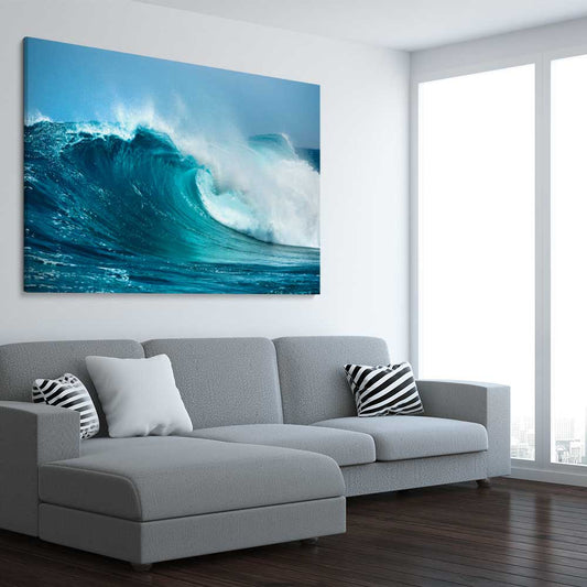 Beach and coastal wall art print of Turquoise Wave Break on a stretched canvas displayed from an angle in a room