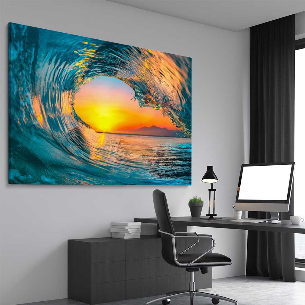 Beach and coastal wall art print of Wave Sunset Tunnel on a stretched canvas displayed from an angle in a room