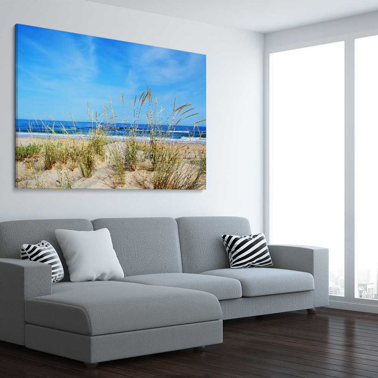 Beach and coastal wall art print of Algarve Dune Flora on a stretched canvas displayed from an angle in a room