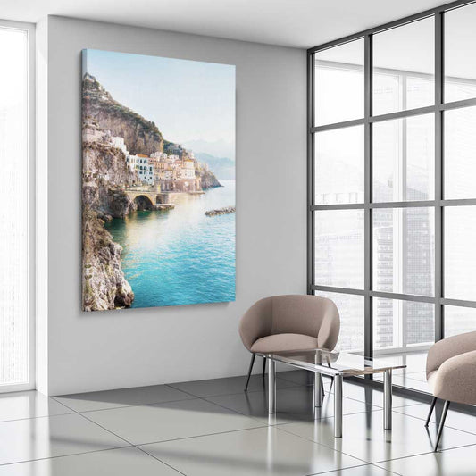 Beach and coastal wall art print of Amalfi Edge on a stretched canvas displayed from an angle in a room