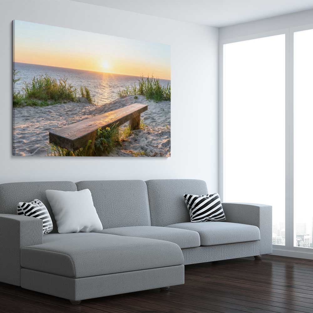 Beach and coastal wall art print of Baltic Sea Sunset on a stretched canvas displayed from an angle in a room