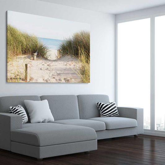 Beach and coastal wall art print of Beach Horizon on a stretched canvas displayed from an angle in a room