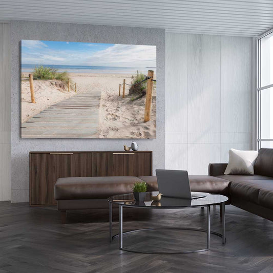 Beach and coastal wall art print of Beautiful Beach Path on a stretched canvas displayed from an angle in a room