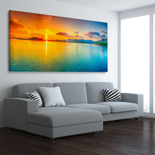 Beach and coastal wall art print of Beautiful Sunset on a stretched canvas displayed from an angle in a room