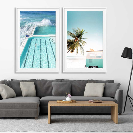 Beach and coastal wall art print of Bondi Iceberg Pair on a stretched canvas displayed from an angle in a room