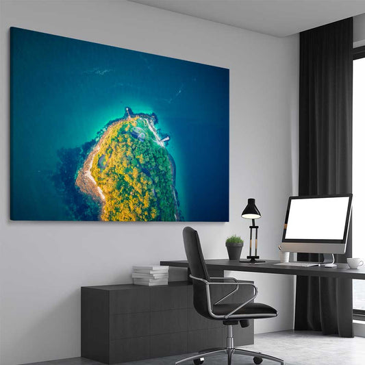 Beach and coastal wall art print of Bradleys Head Aerial on a stretched canvas displayed from an angle in a room