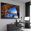 Beach and coastal wall art print of Cathedral Cove New Zealand on a stretched canvas displayed from an angle in a room