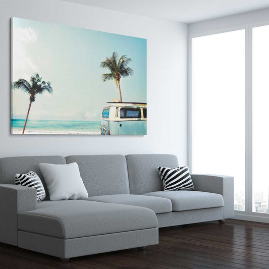Beach and coastal wall art print of Combi Van Palms on a stretched canvas displayed from an angle in a room