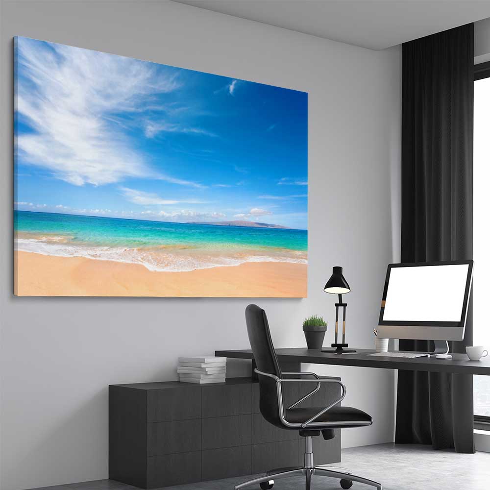 Beach and coastal wall art print of Endless Blue Horizon on a stretched canvas displayed from an angle in a room