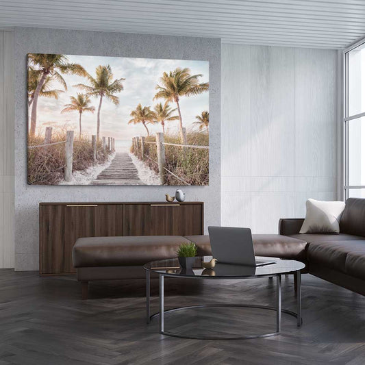 Beach and coastal wall art print of Florida Sunrise on a stretched canvas displayed from an angle in a room